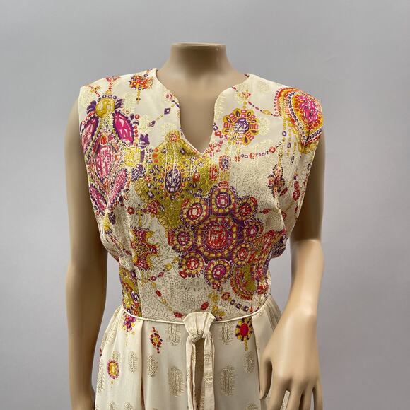 Alice of California Vtg 60s Dress Women M Metallic Batik Print Maxi Boho Formal - Picture 2 of 10